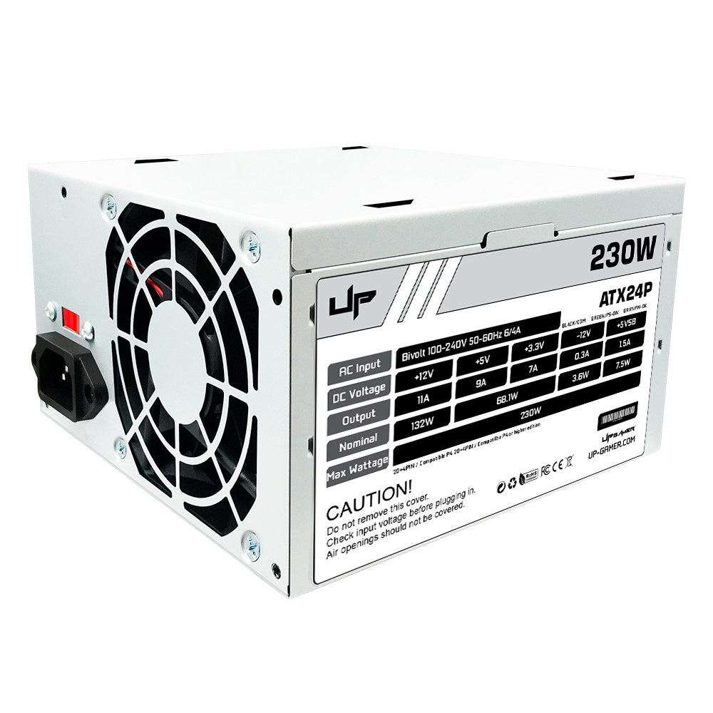 Fonte UP Gamer 230W, ATX24P, c/ Cabo, Bivolt Chaveada, Prata, 24-Pin, 50-60Hz 6/4A