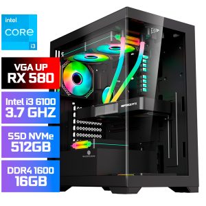 PC Gamer Montado UP Gamer RX, Intel Core i3 6100 3.7GHz, RX580 8GB, 16GB DDR4 2666MHz, SSD NVMe 512GB, Placa Mãe H110M, Fonte 400W 80 Plus Bronze, Water Cooler ARGB 120mm, Gabinete Aquarius