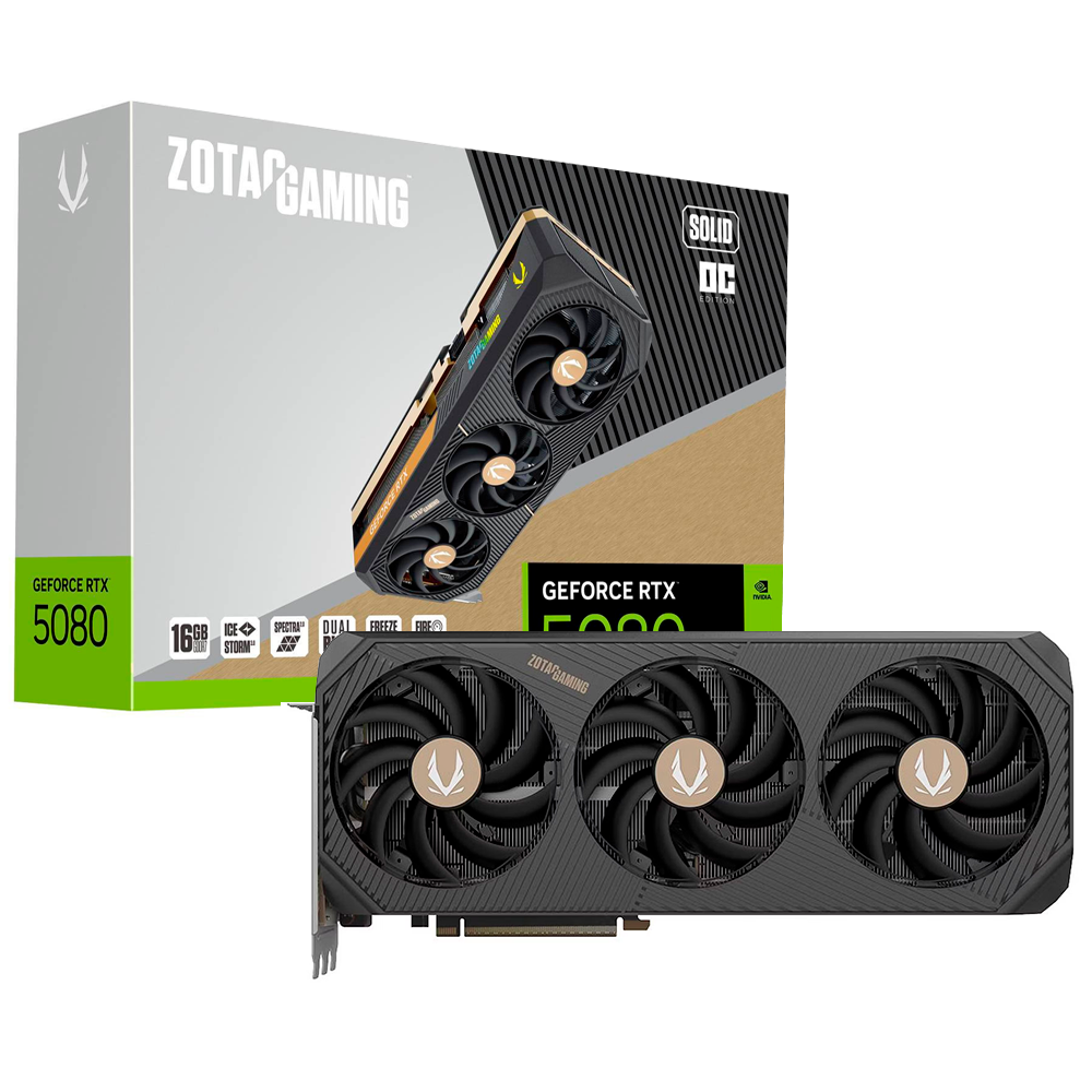 Placa de Video Zotac GeForce RTX5080 SOLID OC EDITION, 16GB GDDR7, 256Bits, 1x HDMI 3x DisplayPort, ZT-B50800J-10P P288-1N762-400Z