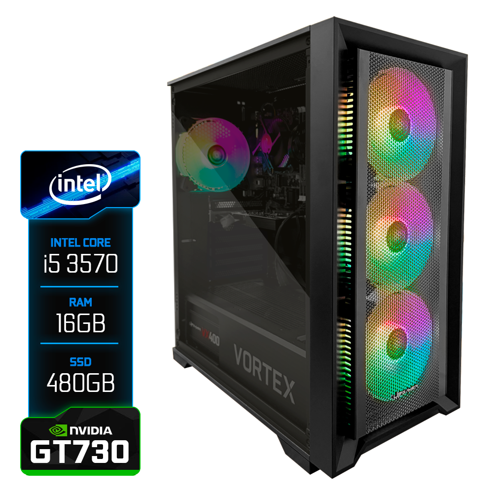PC Montado UP Gamer Vortex, Intel Core i5 3570 3.80GHz, GT730 4GB, RAM 16GB DDR3 1600MHz, SSD 480GB 2.5", Placa Mãe H61, Fonte 200W, 4x Fans ARGB, Cooler Processador