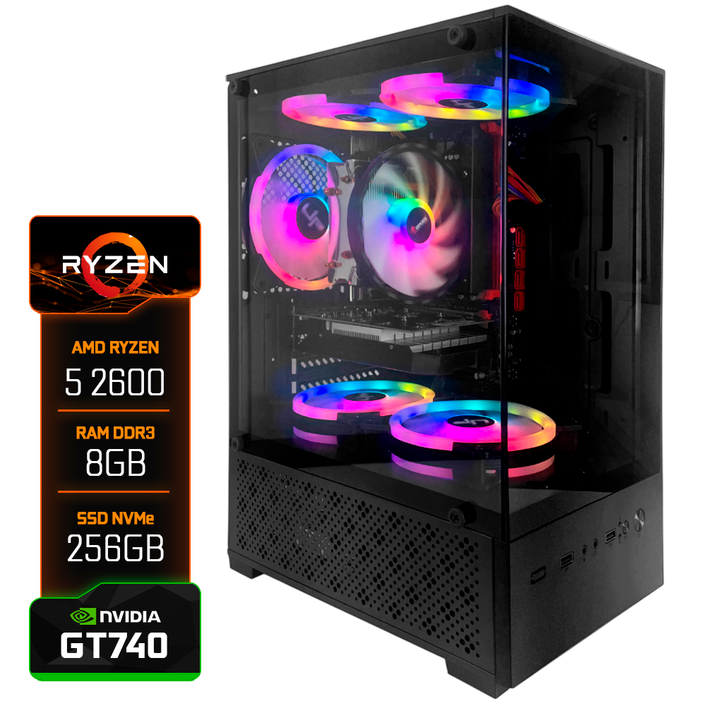 PC Office Montado Ryzen 5 2600, GeForce GT740 2GB DDR5, 8GB RAM DDR3, SSD 256GB NVMe, Aquário Preto
