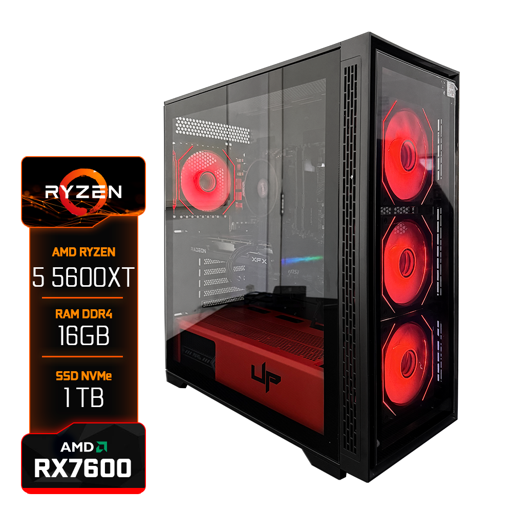 PC Gamer Montado TITAN Ryzen 5 5600XT, Radeon XFX RX7600, 16GB RAM DDR4, SSD 1TB, Fonte 550W, 4x Fans RGB, Optmus Vidro Temperado