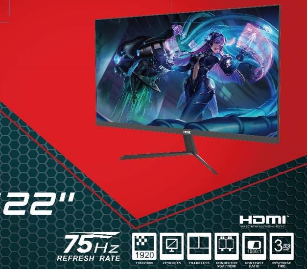 Monitor Hye HYE22GFM 22" Full HD (1920 x 1080), 3ms, 75Hz, 1xHDMI, 1xVGA (D-Sub), Preto