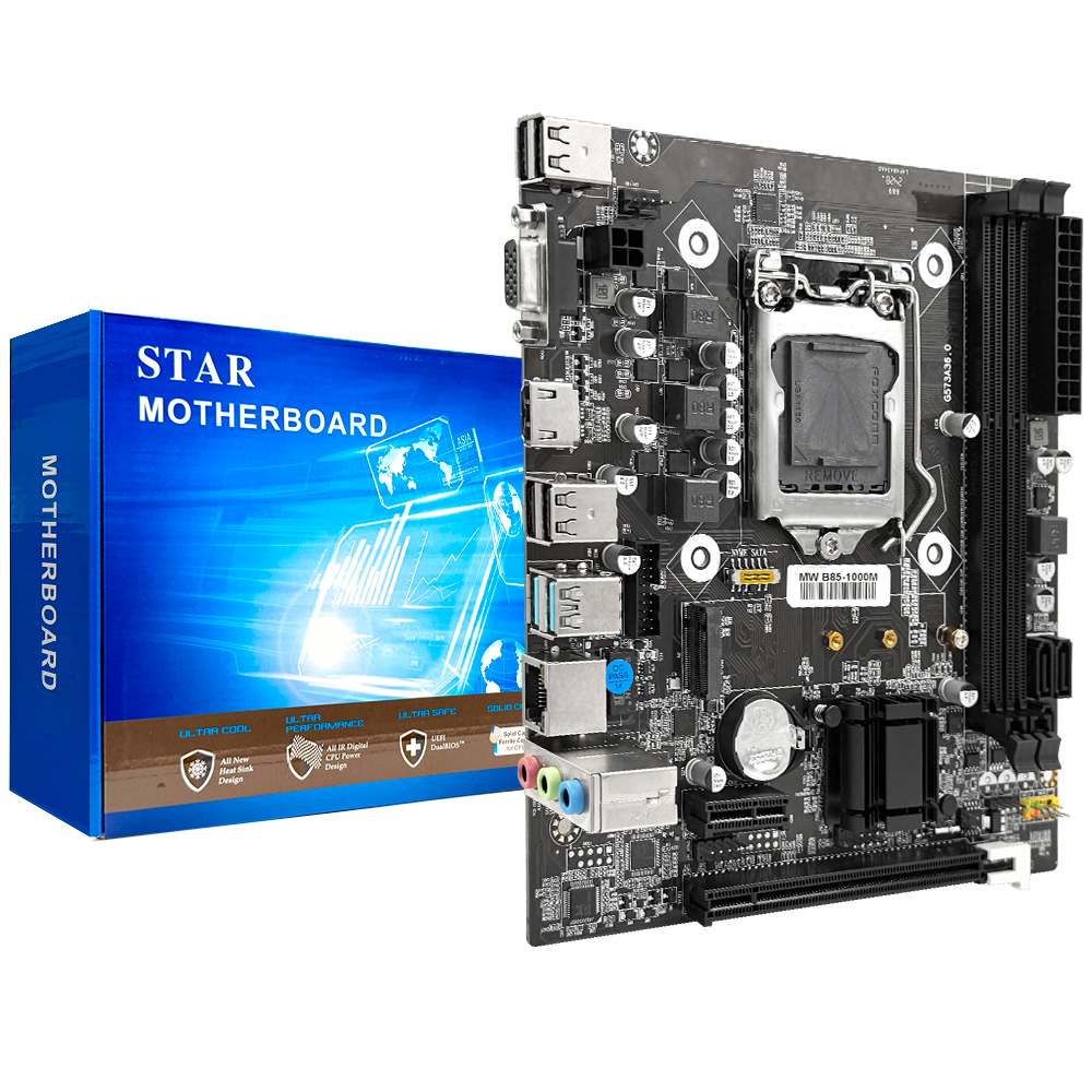 Placa Mãe 1150 Star B85 2xDDR3, 1xM.2 NVMe, 1xVGA D-Sub, 1xHDMI, 2xUSB-A 3.0, 4xUSB-A 2.0, 1xRJ45 Gigabit, 1xAudio, M-ATX
